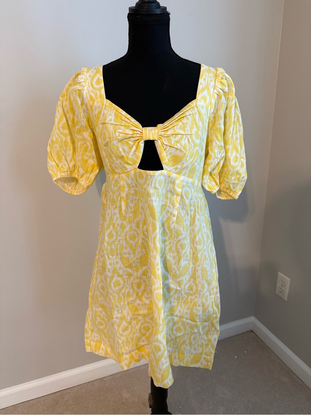 LOFT Yellow Ikat-Print Cutout Bow Mini Dress